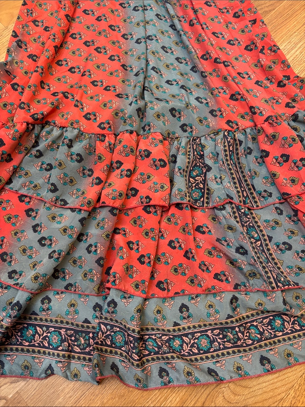 Beautiful coral pink and gray floral high-low tiered ruffle maxi dress. Size L. - Picture 14 of 15